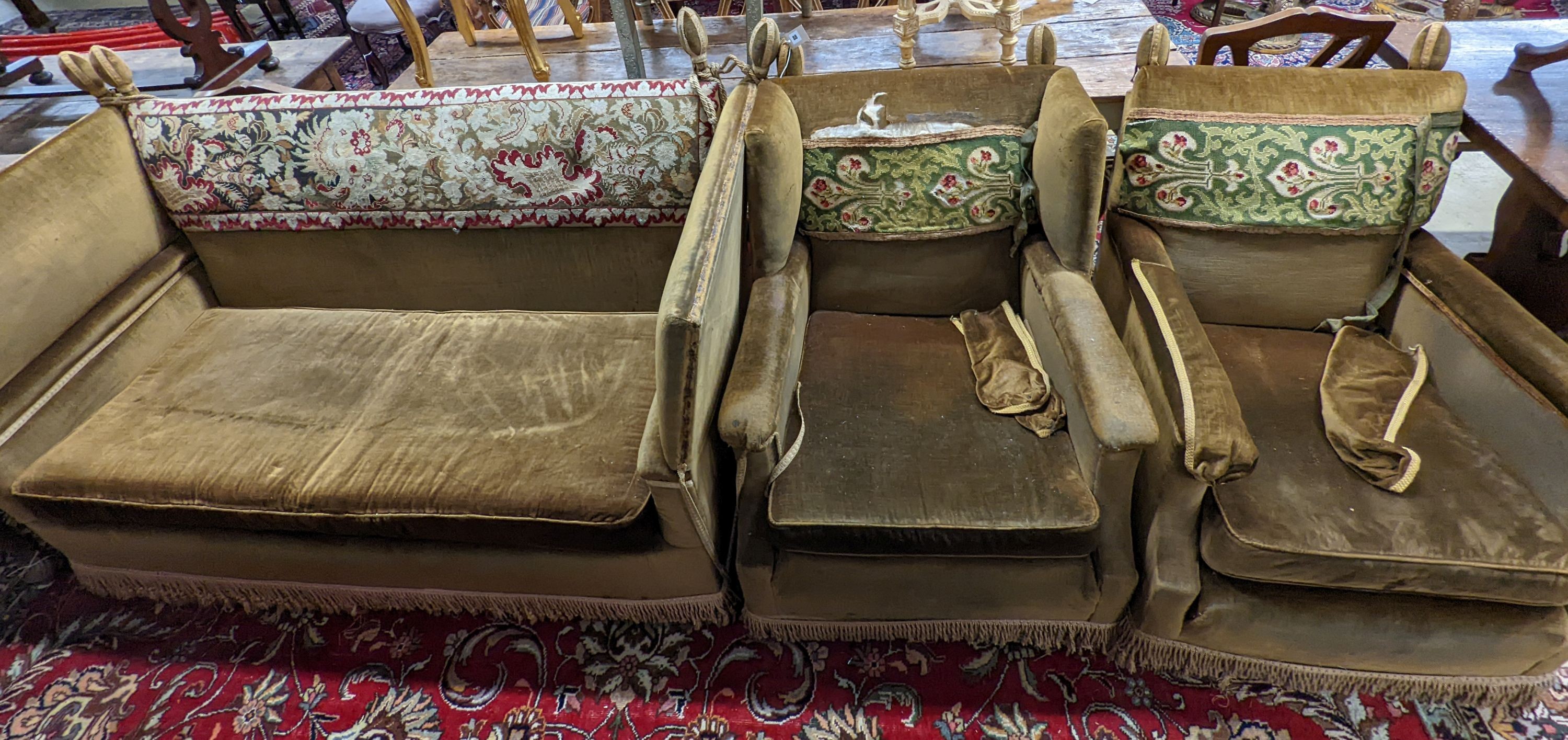 An early 20th century 3 piece Knole suite. Sofa- W-170cm, D-82cm, H-90cm.